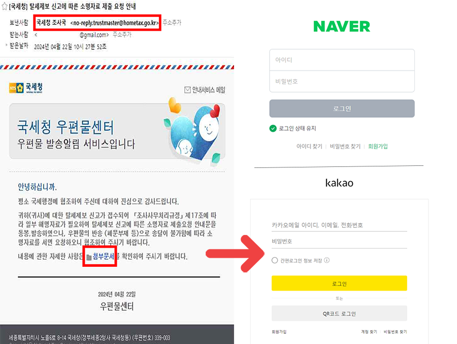 포털사이트 계정정보(ID) 입력을 유도해 정보를 탈취합니다.